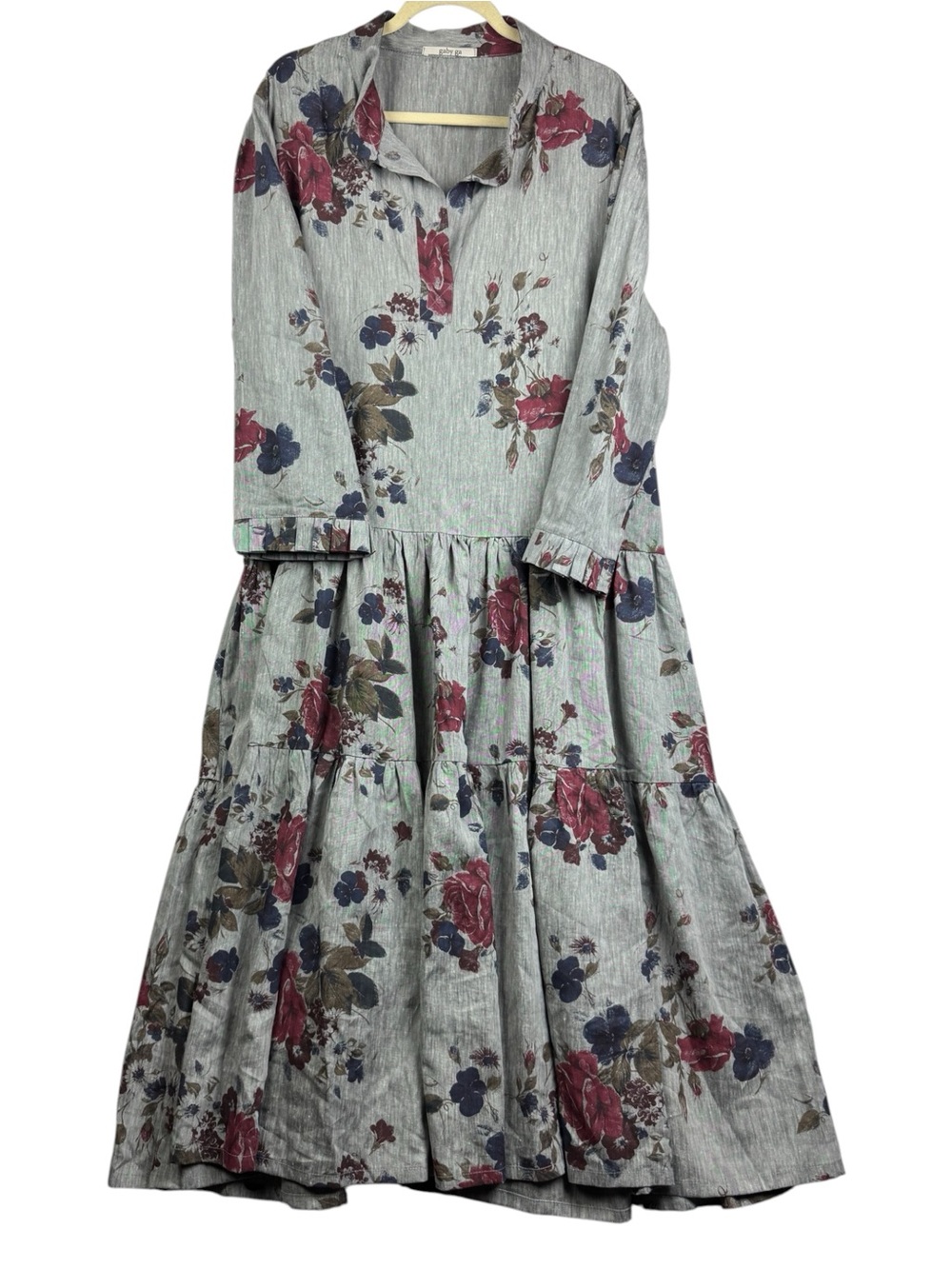 Gaby Ga Floral 3/4 Sleeve Tiered Linen Lagenlook Artistic Handmade Artsy 3X